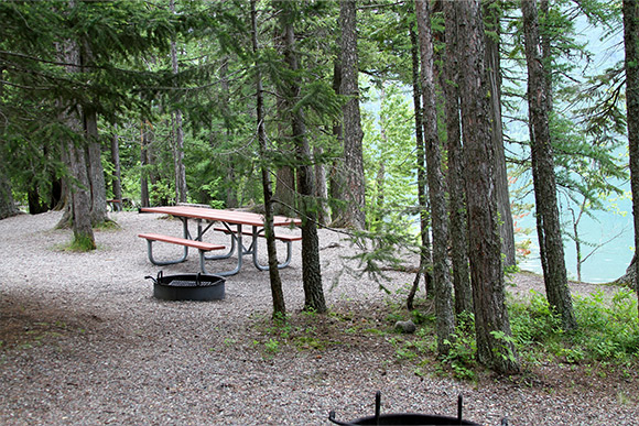 A fire pit and picnic table with trees and a lake in the background.