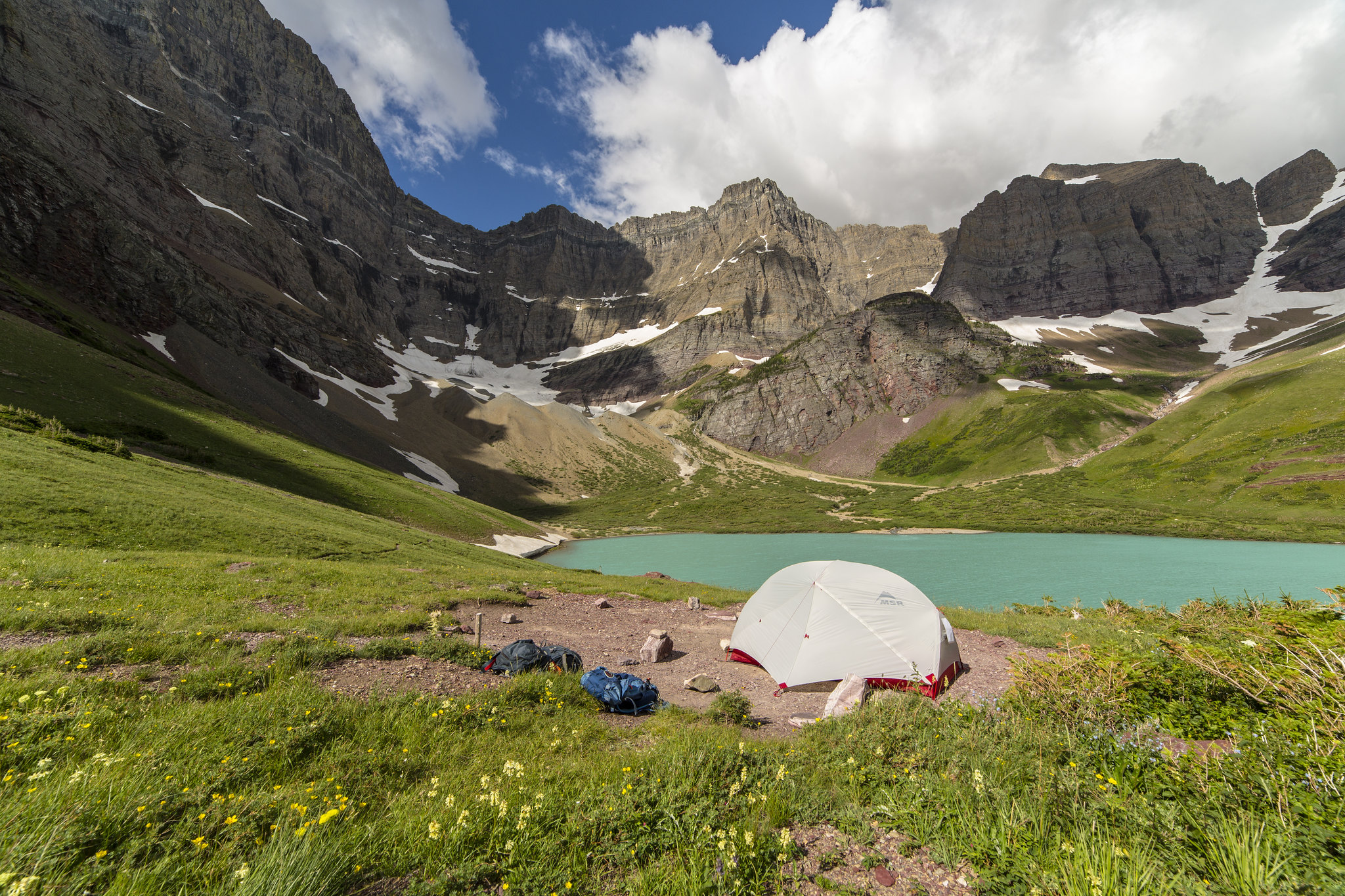 A tent in front of Cracker Lake.